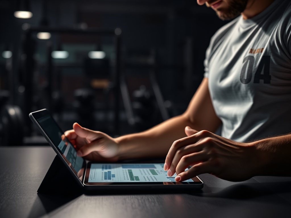 タブレットでトレーニングプログラムを設計するトレーナー